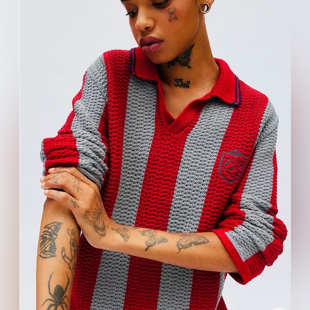 BDG Urban Outfitters Mitchell Red Gray Striped Collared V-Neck Polo Knit Jumper